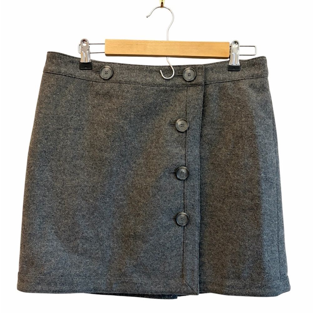 LOFT Y2K Academia Preppy Charcoal Button-Front 54% Wool Wrap Mini Skirt Size 8